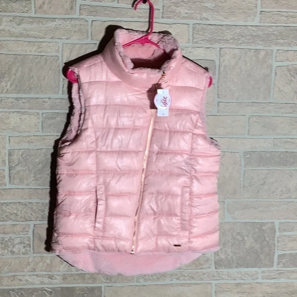 Justice NEW - Sz 18/20 yrs - reversible pink plush vest - rose asymmetric zipper